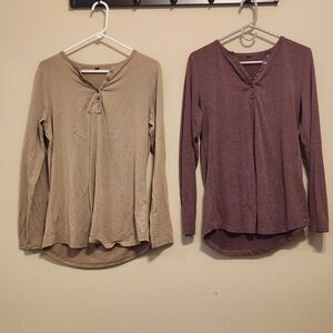 Lot Of 2 Women's Long Sleeve Henley Tops - Brown and Purple